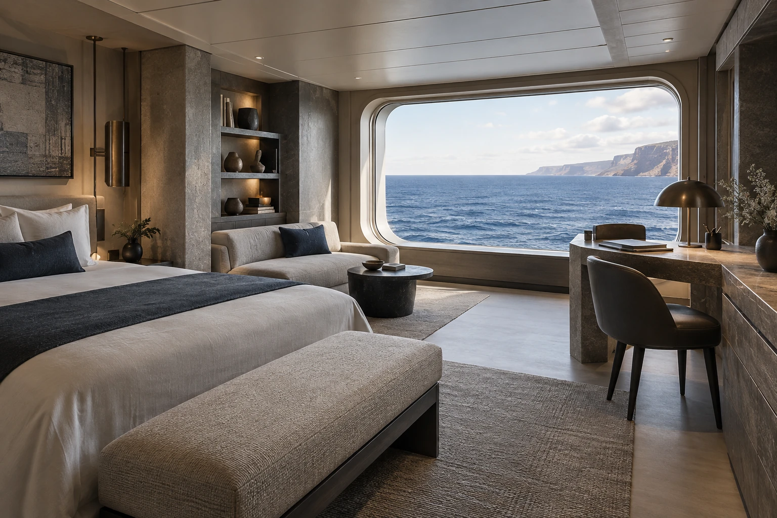 Stone-toned cruise suite with writing desk and a large ocean window